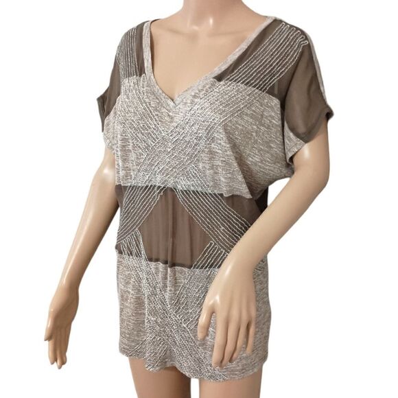 Y2K MISS ME Sheer Beaded Top S Short Sleeve Striped Relaxed V Neck Jersey Knit. - Picture 5 of 16